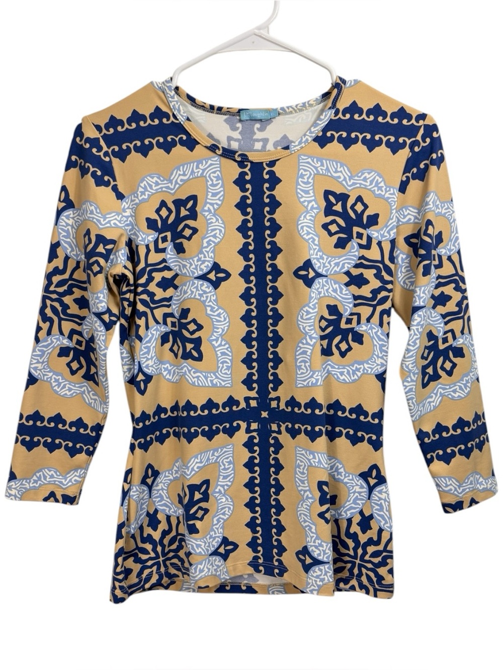 J. McLaughlin Catalina Cloth Top Size XS Beige Blue Resort Coastal Stretch Knit